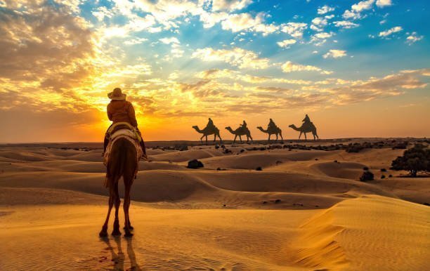 Caravane de chameaux dans le désert près de Jaisalmer