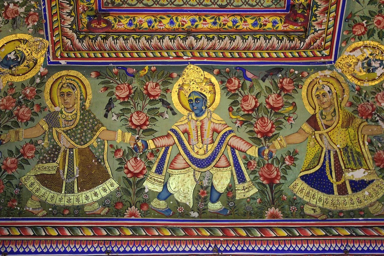 Mandawa, India - Dec 29, 2019: Colorful painted Haveli in the city of Mandawa, Rajasthan, India. The streets of Mandawa are famous for the colorful painting on Haveli's walls.
