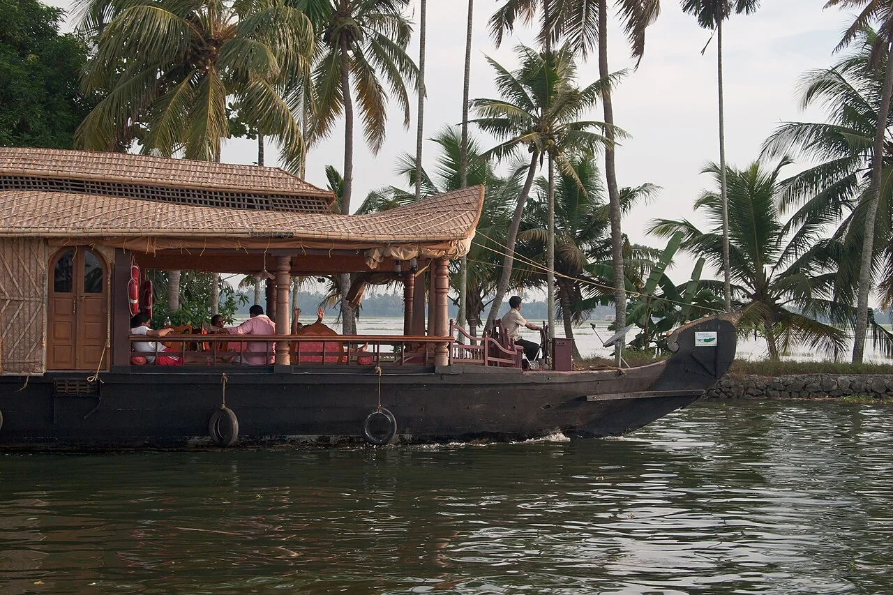 A houseboat sailing in Alappuzha backwaters in Kerala state in India